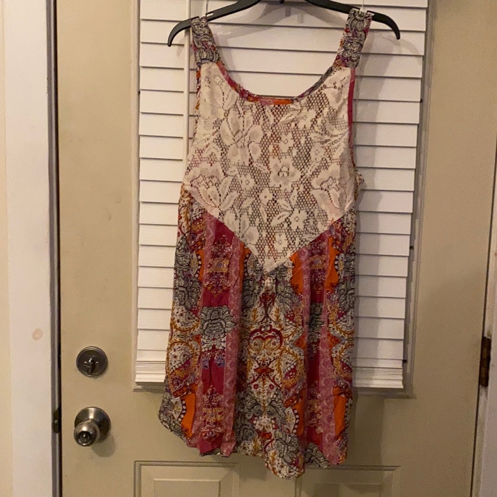 Free People Cream Lace & Pink Orange Paisley Tank Dress